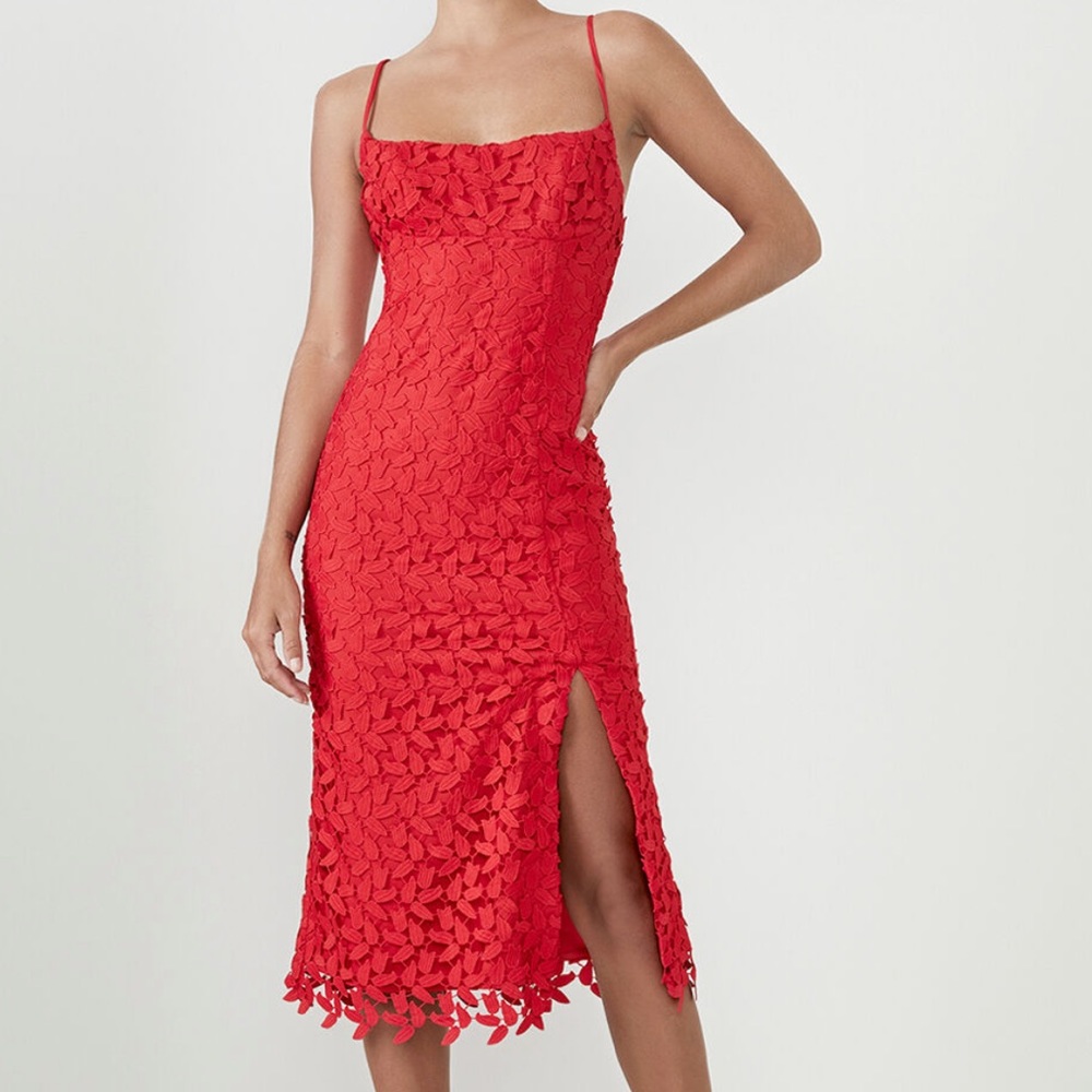 Bardot red lace midi dress